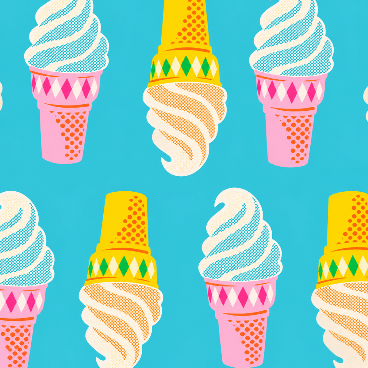 Ruby Star Society Sparkle Mart Ice Cream Cones Turquoise digital fabric print by Melody Miller, featuring a repeating retro ice cream cone pattern on a turquoise blue background, SKU RS0124-12.