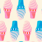Sparkle Mart Natural Ice Cream digital fabric print featuring repeating pink and blue soft-serve ice cream cones with retro geometric details on a light cream background.