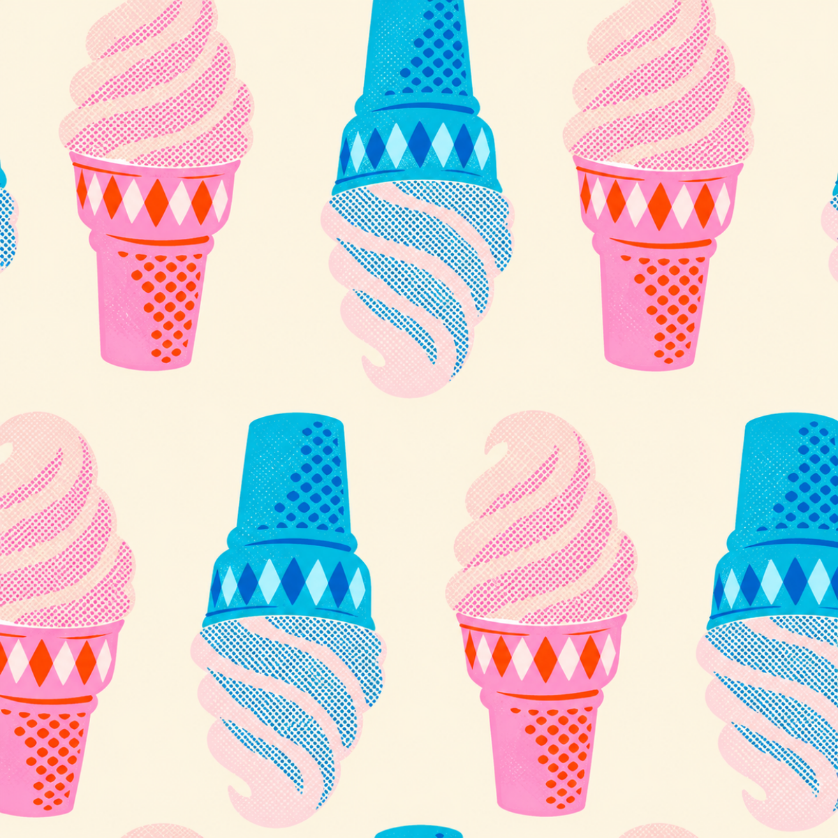 Sparkle Mart Natural Ice Cream digital fabric print featuring repeating pink and blue soft-serve ice cream cones with retro geometric details on a light cream background.