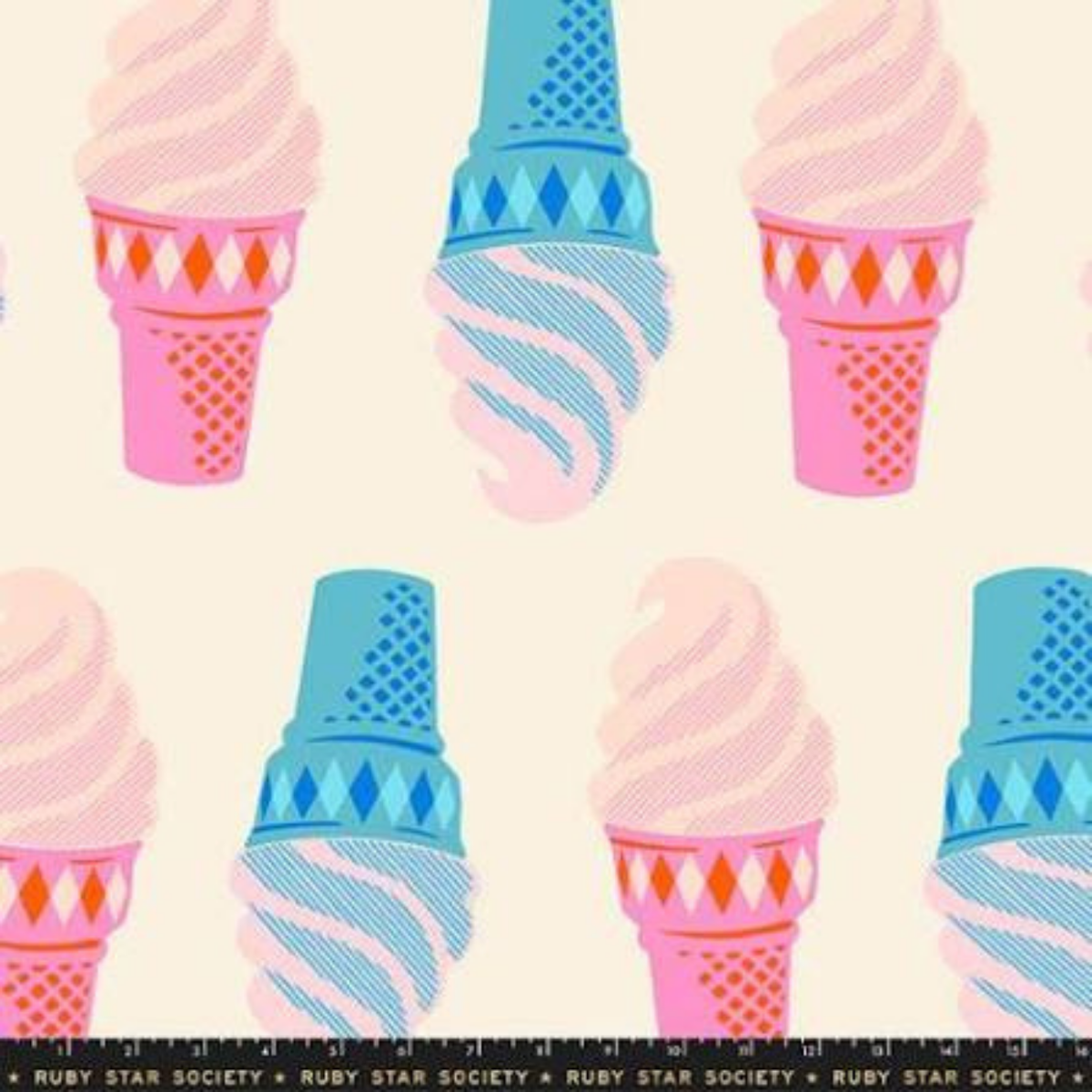 Ruby Star Society Sparkle Mart Natural Ice Cream 108-inch wideback fabric featuring a repeating retro soft-serve ice cream cone print in pink, blue, and orange on a light cream background.