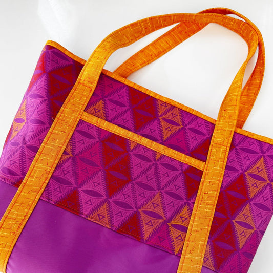 Finished Santorini Tote Hack bag made using the featured fabric bundle, showcasing sewing inspiration for tote bag projects.