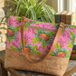 Santorini tote bag with pink floral pattern and woven base