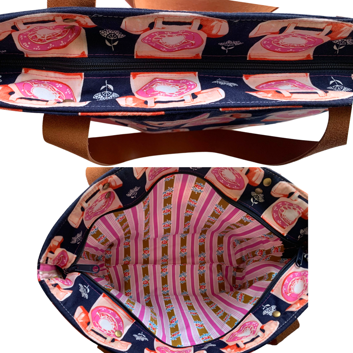 A tote bag shown from the front and back, featuring a navy blue exterior with a pink and orange retro rotary phone pattern, tan leather handles, and a pink striped interior.