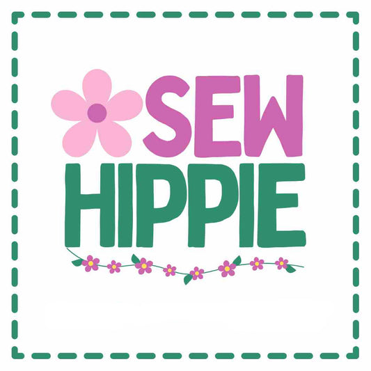 Sew Hippie logo with a pink flower and green border on a white background