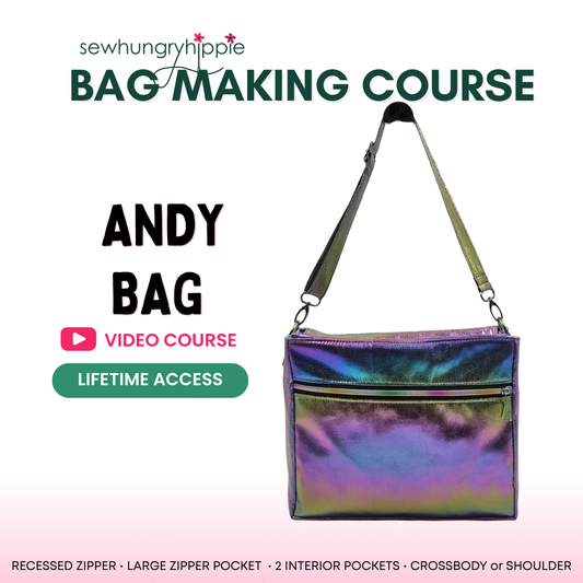 Sew Hungry Hippie Andy Bag Making Course featuring an iridescent crossbody bag with zipper pocket and olive green strap