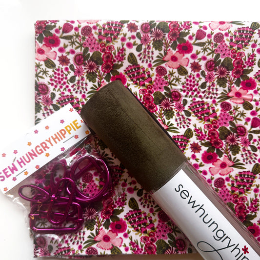 Sew Hungry Hippie bag-making bundle with 1 yard floral fabric, faux suede roll, and pink metal hardware pack