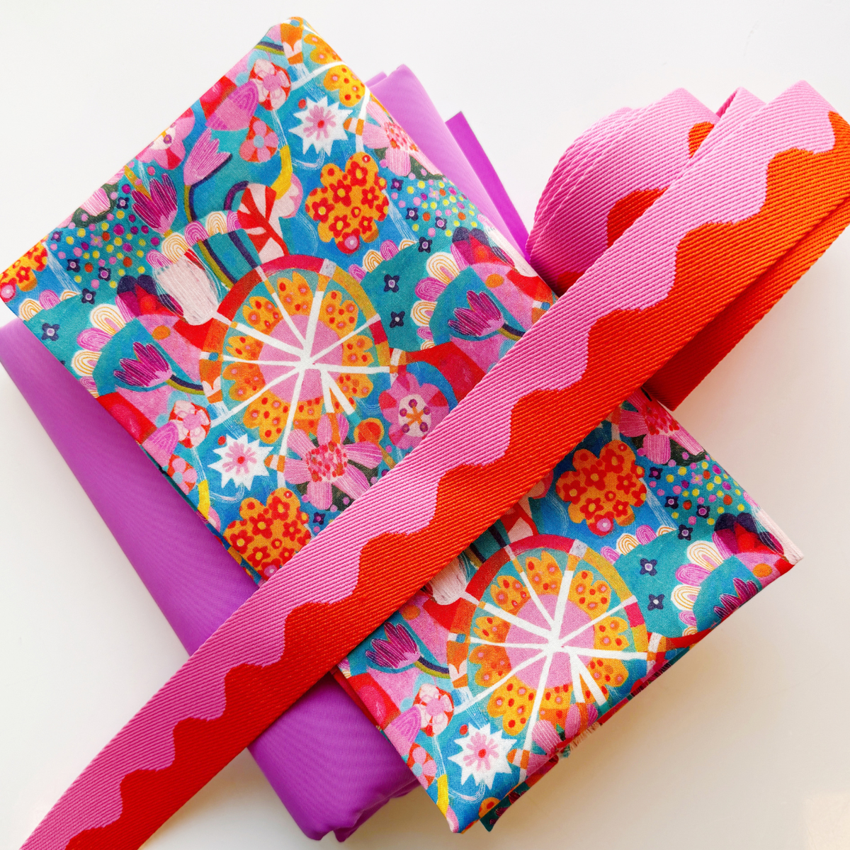Sew Hungry Hippie bag-making bundle with 1 yard boho floral fabric, 3 yards webbing, and bonded nylon thread