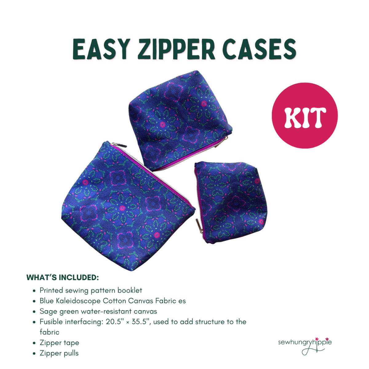 Sew Hungry Hippie Easy Zipper Cases Sewing Kit featuring two finished zipper pouches made with blue and purple kaleidoscope geometric cotton canvas fabric and vibrant pink lining. The DIY sewing kit includes a printed sewing pattern booklet, Blue Kaleidoscope Cotton Canvas Fabric, sage green water-resistant canvas, fusible interfacing, zipper tape, and zipper pulls for making colorful, structured zipper pouches.
