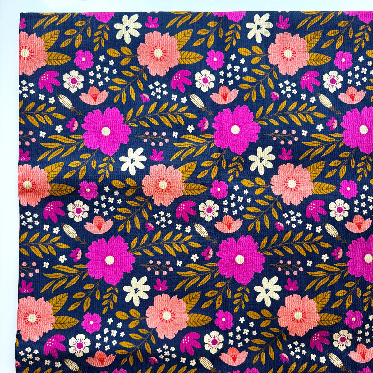 Sew Hungry Hippie navy pink chamomile floral canvas fabric for bag making