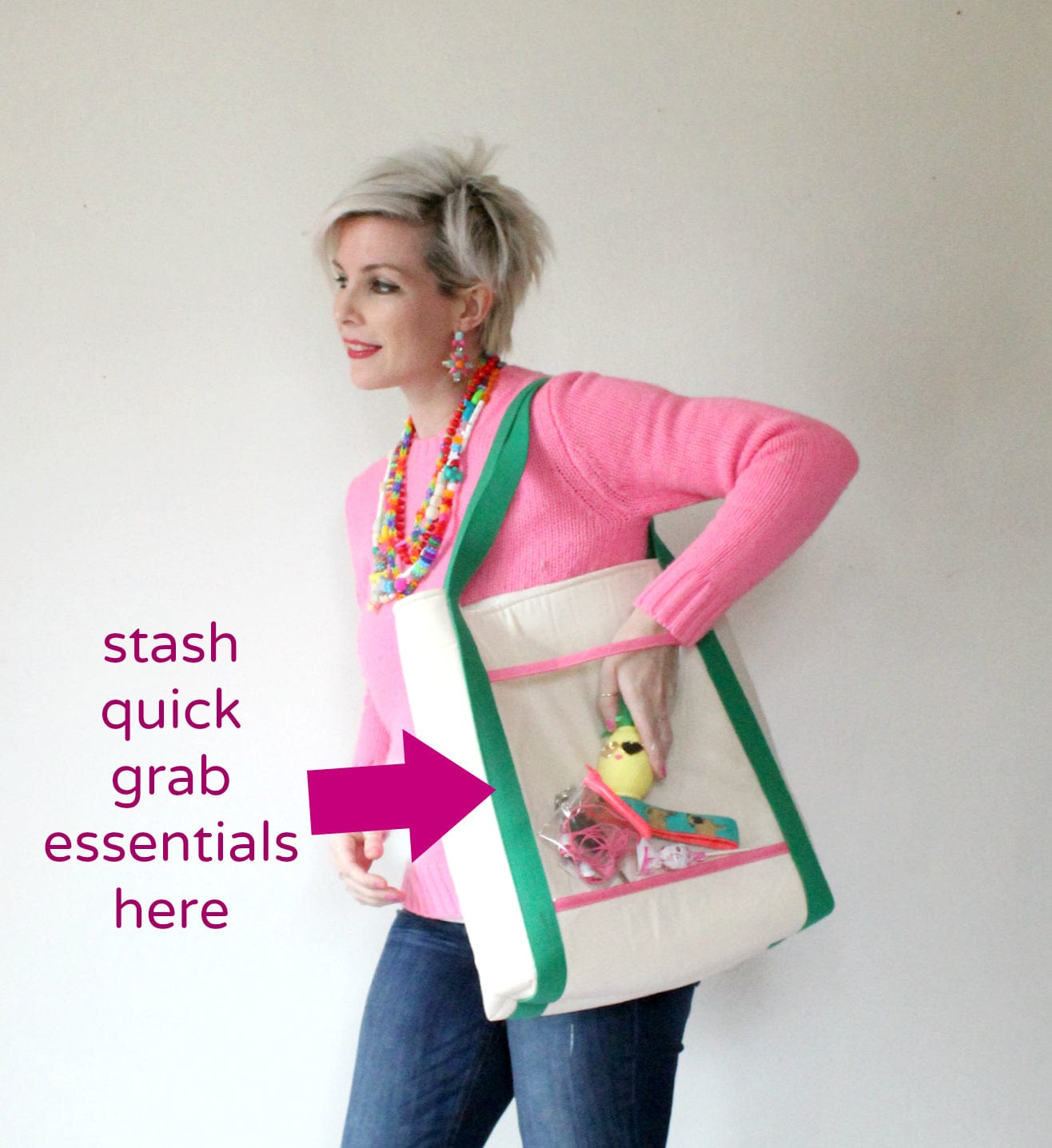 Woman with vinyl pocket tote bag for quick essentials