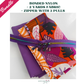 A craft bundle from SewHungryHippie featuring solid purple bonded nylon, two yards of fabric with a vibrant orange and purple leaf pattern, and a purple zipper with three pulls.