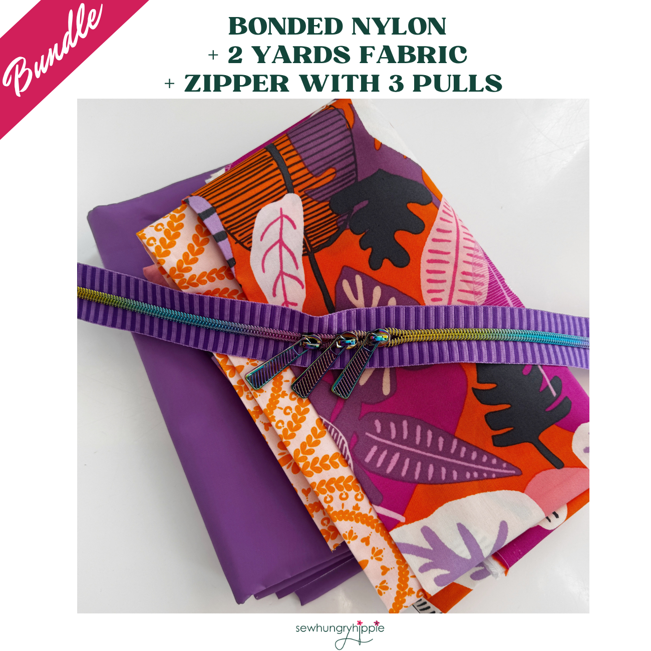 A craft bundle from SewHungryHippie featuring solid purple bonded nylon, two yards of fabric with a vibrant orange and purple leaf pattern, and a purple zipper with three pulls.