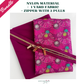 A craft bundle from SewHungryHippie containing solid magenta nylon material, one yard of fabric featuring a bright pink floral pattern, and a coordinating zipper with three pulls.
