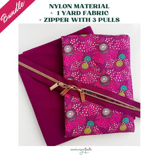 A craft bundle from SewHungryHippie containing solid magenta nylon material, one yard of fabric featuring a bright pink floral pattern, and a coordinating zipper with three pulls.
