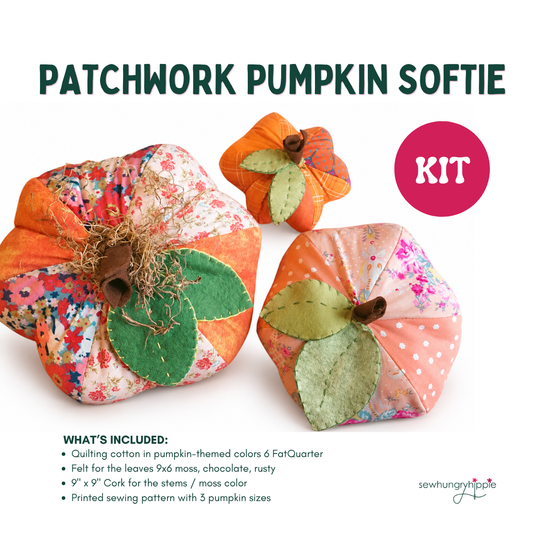 Sew Hungry Hippie Patchwork Pumpkin Softie Kit featuring three handmade fabric pumpkins in colorful orange floral and patterned quilting cotton, with green felt leaves, cork fabric stems, decorative moss, and sewing kit supplies.