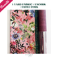 Pink hummingbird floral fabric bundle with forest green accent and a roll of burgundy cork textile.