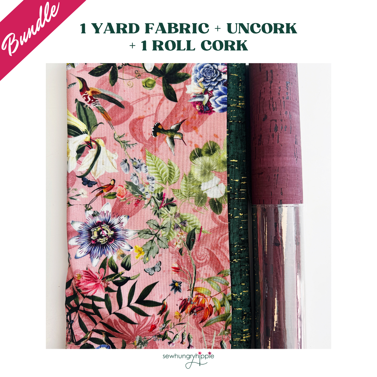 Pink hummingbird floral fabric bundle with forest green accent and a roll of burgundy cork textile.