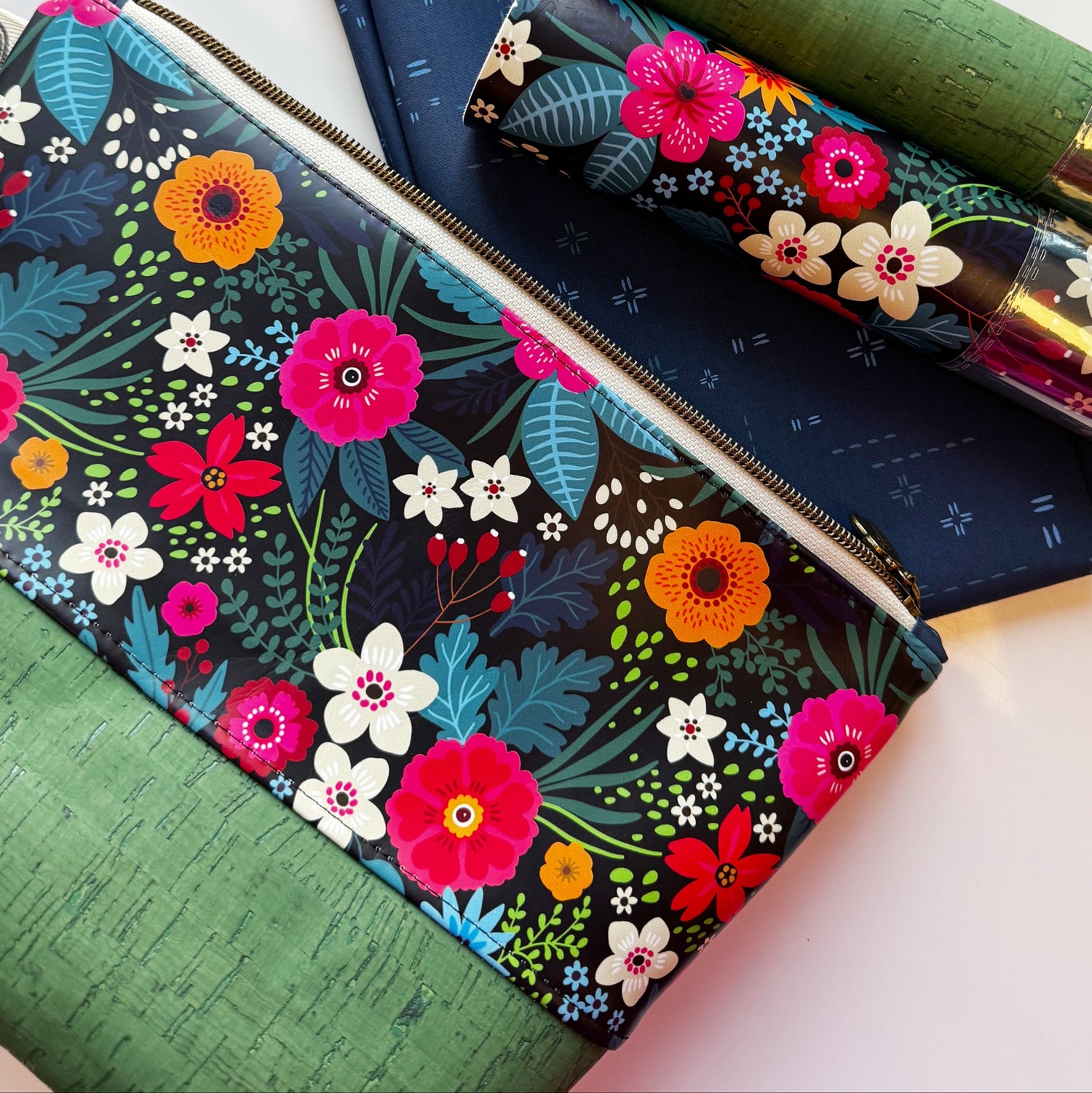 floral vinyl and art gallery fabric with cork material bundle for handmade bags