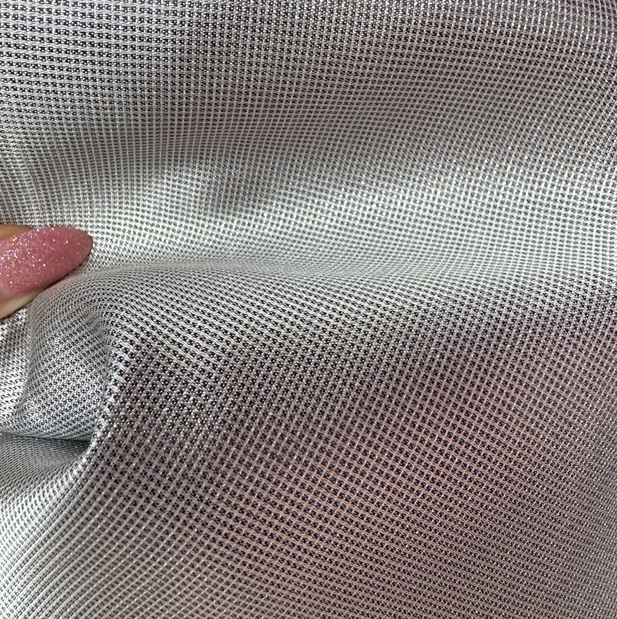 Silver shimmer cotton blend fabric with structured body shown in close-up texture, large precut 36 x 58 inch bag making material