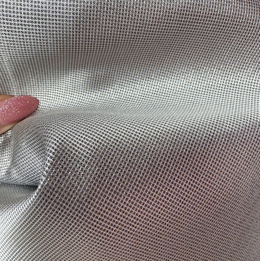 Silver shimmer cotton blend fabric with structured body shown in close-up texture, large precut 36 x 58 inch bag making material