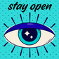 Stay Open custom woven embroidered label tag featuring illustrated eye design, 2 inch square sew in label for bags, handmade projects, and accessories by Sew Hungry Hippie.