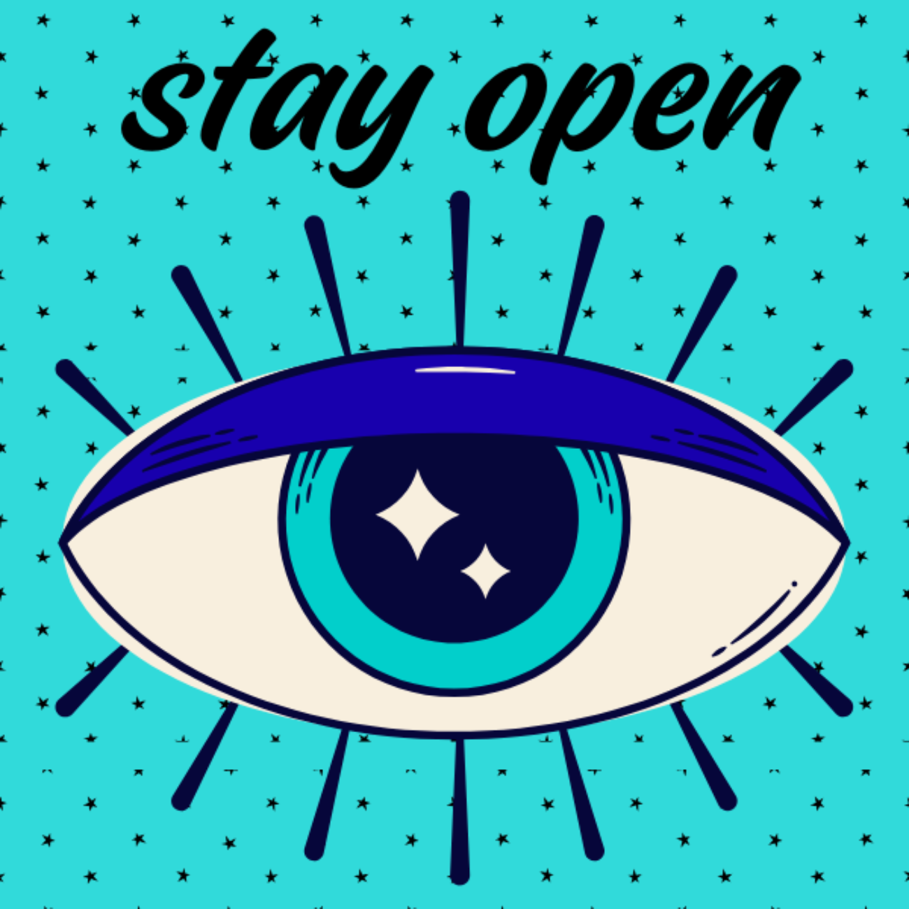 Stay Open custom woven embroidered label tag featuring illustrated eye design, 2 inch square sew in label for bags, handmade projects, and accessories by Sew Hungry Hippie.