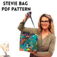 Woman holding a colorful bag with a sewing machine in the background, featuring 'Stevie Bag PDF Pattern' text.