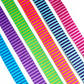 Six strips of woven jacquard webbing straps arranged diagonally against a white background, showcasing various vibrant horizontal stripe colorways including blue, purple, green and yellow, orange and pink, dark purple and teal, and pink.