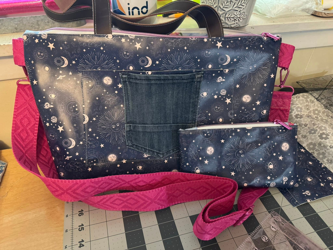 fiinshed tote bag and zipper case using Celestial Vinyl for sewing bags