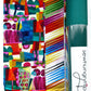 Teal faux leather paired with two coordinating colorful abstract cotton fabrics featuring modern geometric and rainbow stripe designs, perfect for handbags, totes, wallets, backpacks, and sewing projects.