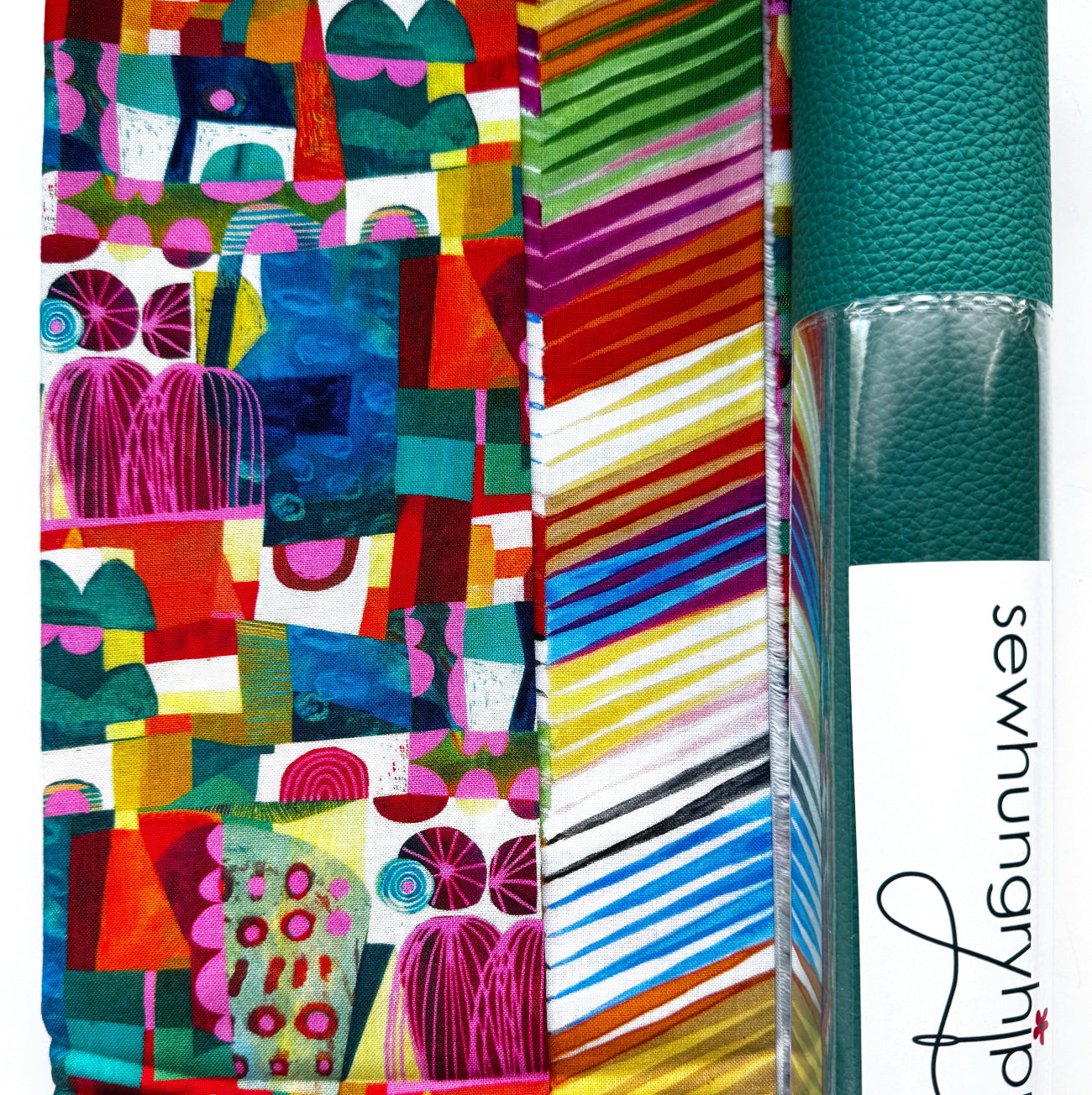 Teal faux leather paired with two coordinating colorful abstract cotton fabrics featuring modern geometric and rainbow stripe designs, perfect for handbags, totes, wallets, backpacks, and sewing projects.