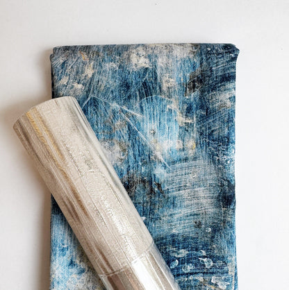 Tim Holtz Eclectic Elements canvas fabric paired with champagne metallic vinyl for sewing handbags, totes, wallets, crossbody bags, and handmade accessories.