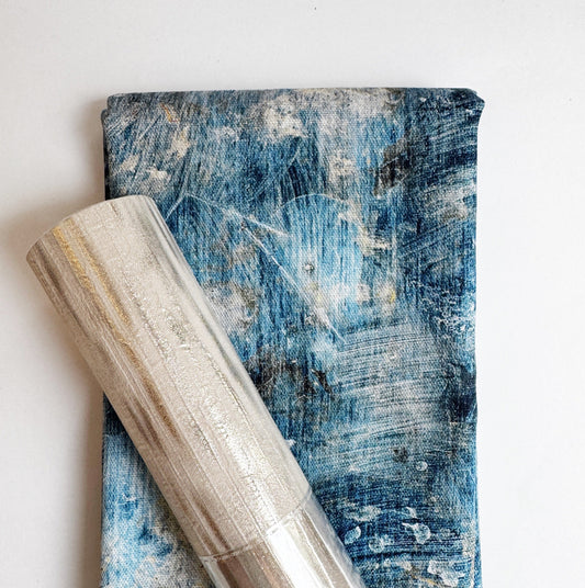 Tim Holtz Eclectic Elements canvas fabric paired with champagne metallic vinyl for sewing handbags, totes, wallets, crossbody bags, and handmade accessories.