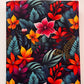 A square canvas print featuring a vibrant tropical floral pattern with red, orange, pink, and teal leaves on a dark background.