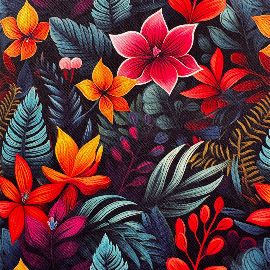 A vibrant tropical floral pattern featuring bright red, orange, and pink flowers with teal and dark green leaves on a dark navy background.