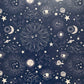  celestial pattern with sun, moon, stars, and planets on a dark blue background