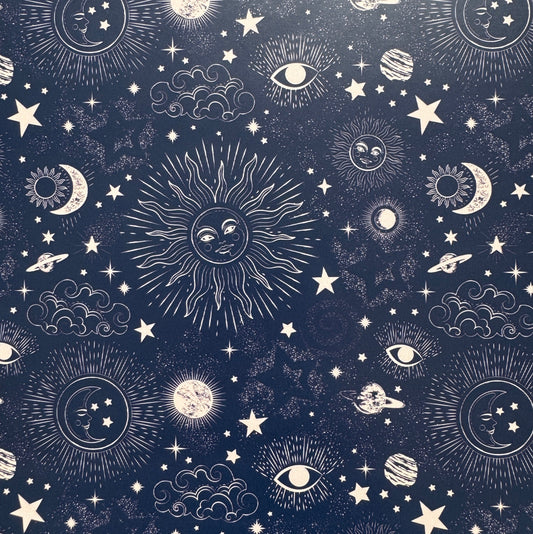  celestial pattern with sun, moon, stars, and planets on a dark blue background