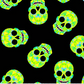 A repeating pattern of neon green and yellow geometric sugar skulls on a solid black background.