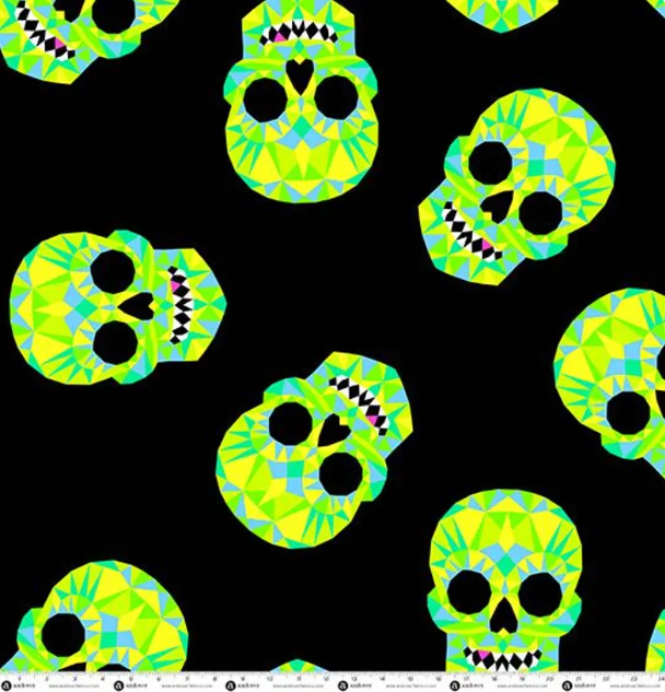A repeating pattern of neon green and yellow geometric sugar skulls on a solid black background.