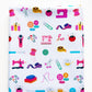 Patterned fabric with colorful sewing-related icons on a white background