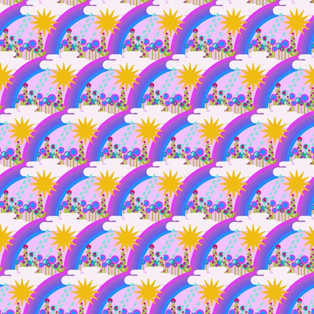 fabric wideback from Alison Glass with purple rainbows and sun design