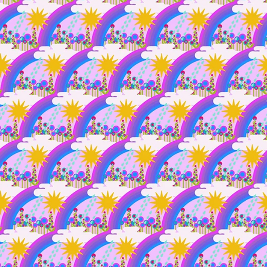 fabric wideback from Alison Glass with purple rainbows and sun design