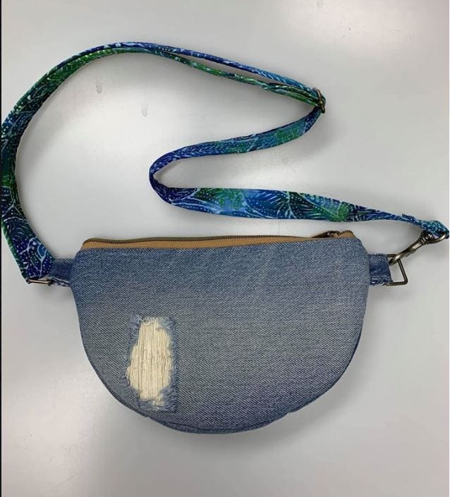 Betty's denim fanny pack with floral strap