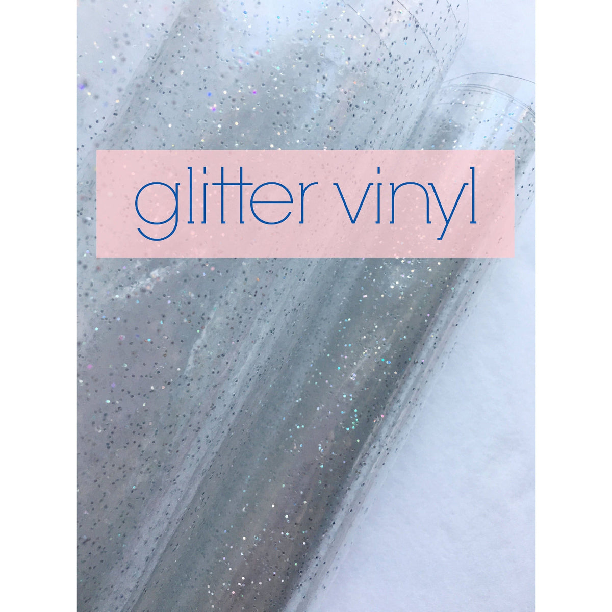 A clear glitter vinyl, a flexible and see-through material often used for bag making and crafts.