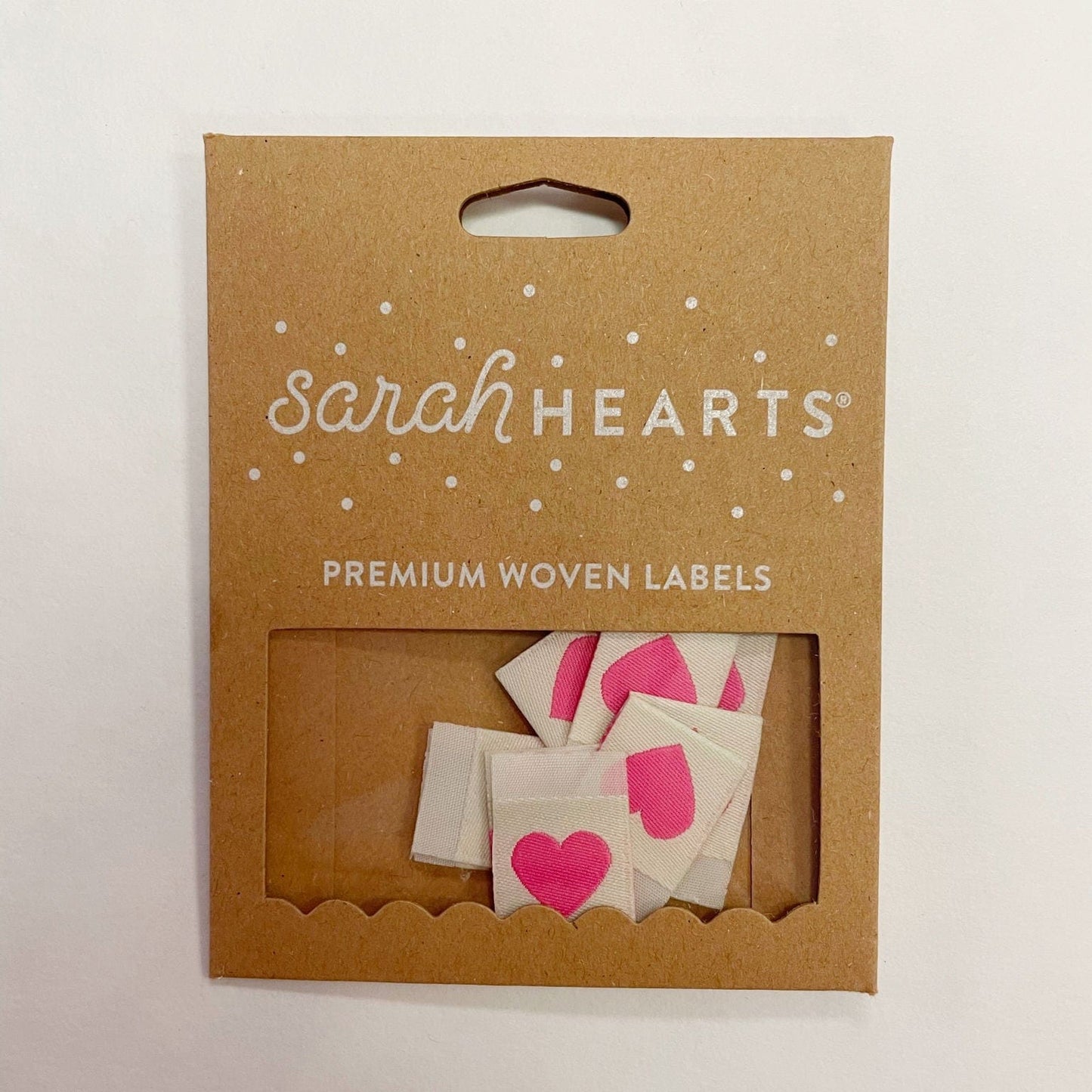 Sarah Hearts heart-shaped woven labels in packaging