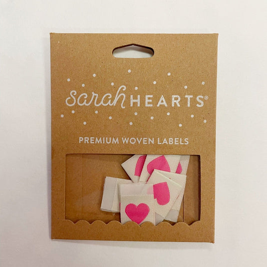 Sarah Hearts heart-shaped woven labels in packaging