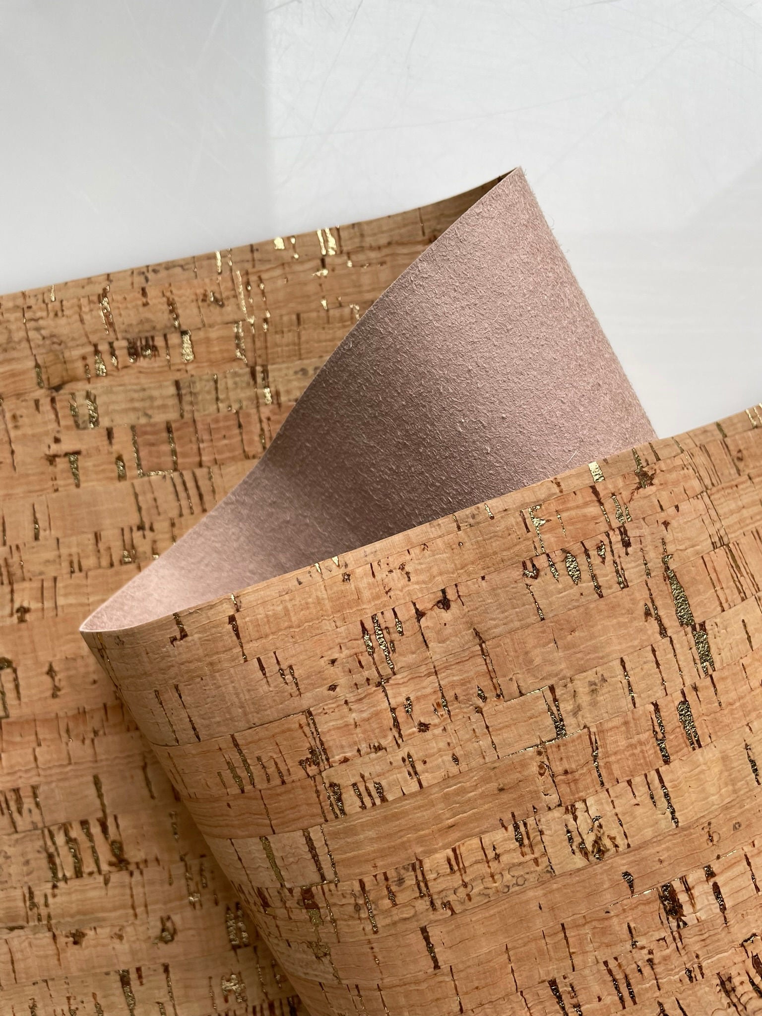 Leather backed cork sheets - gold geometric print - cork applied to gold  and white cowhide leather 6x4