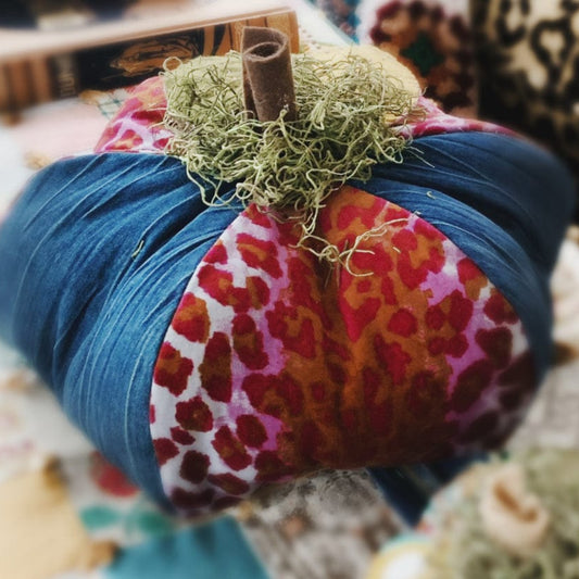Pumpkin softie pattern with denim and leopard print fabric