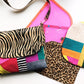 Zebra print bag and colorful patchwork accessories