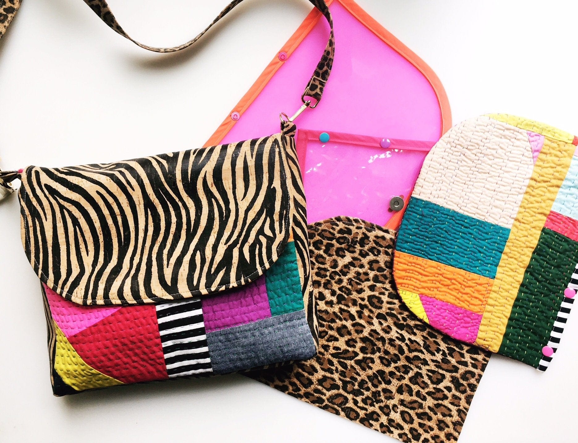 Zebra print bag and colorful patchwork accessories